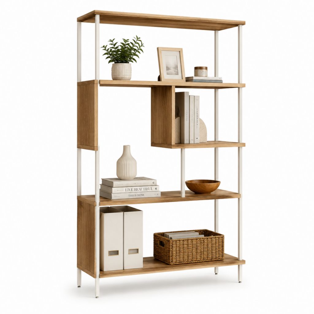 Libreria da terra 5 ripiani rovere e bianco in MDF e acciaio 80 x 30 x 180 cm