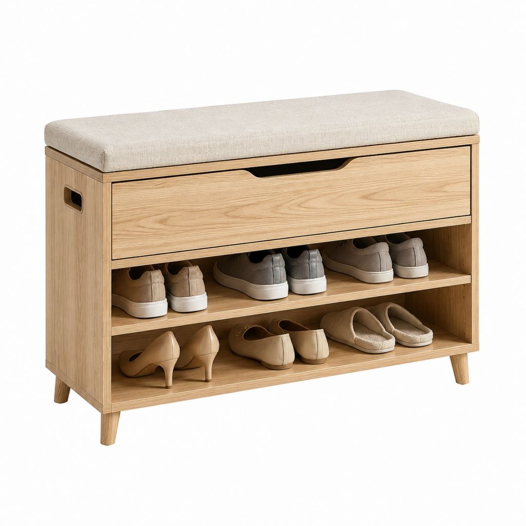 Panca scarpiera con cassetto rovere chiaro in MDF impiallacciato e seduta in poliestere 100 x 35 x 55 cm