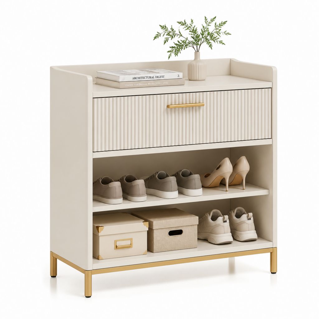 Scarpiera da ingresso rettangolare bianca in MDF 80 x 30 x 100 cm con 2 ripiani e anta