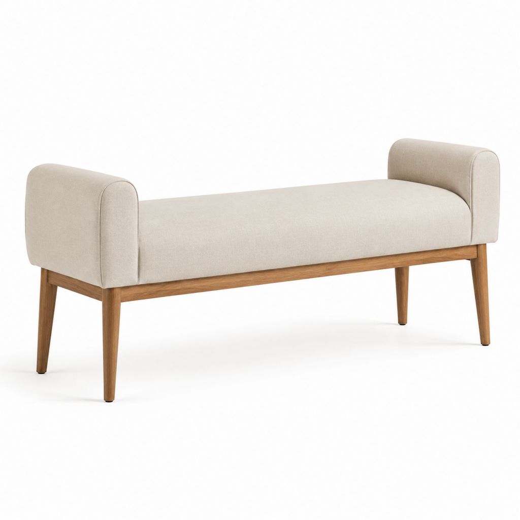 Panca fondoletto imbottita beige in poliestere e legno massello di rovere 140 x 45 x 62 cm