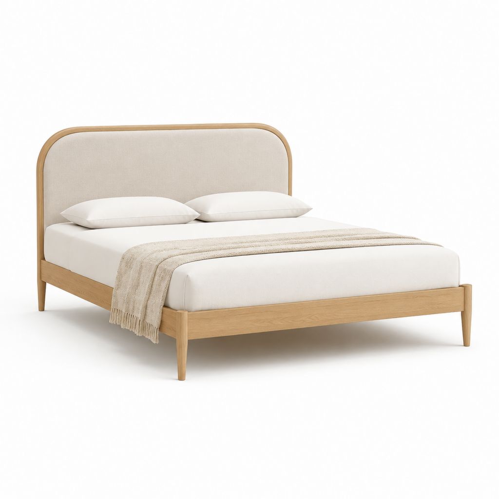 Letto matrimoniale rettangolare in rovere massello naturale con testiera imbottita beige 160 x 200 cm