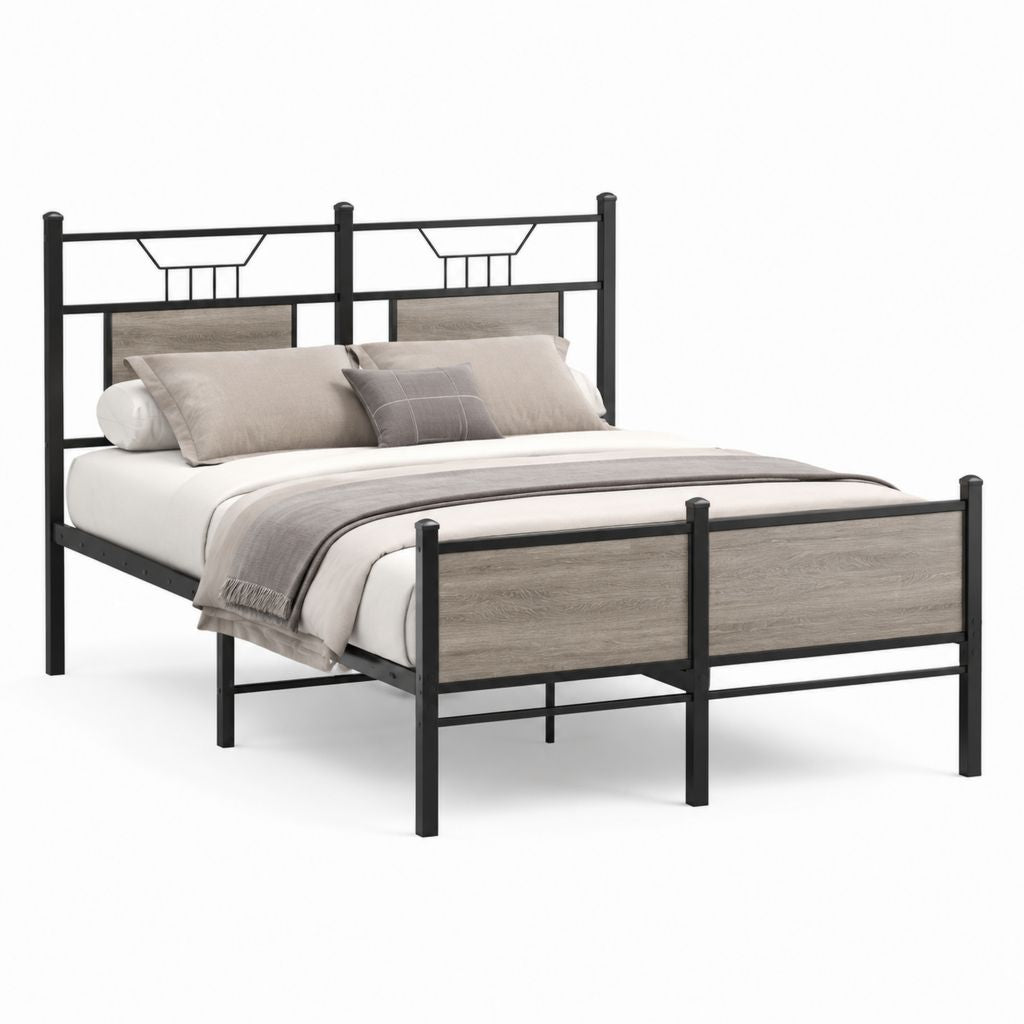 Letto matrimoniale con struttura in acciaio nero e pannelli effetto rovere grigio 160 x 200 cm