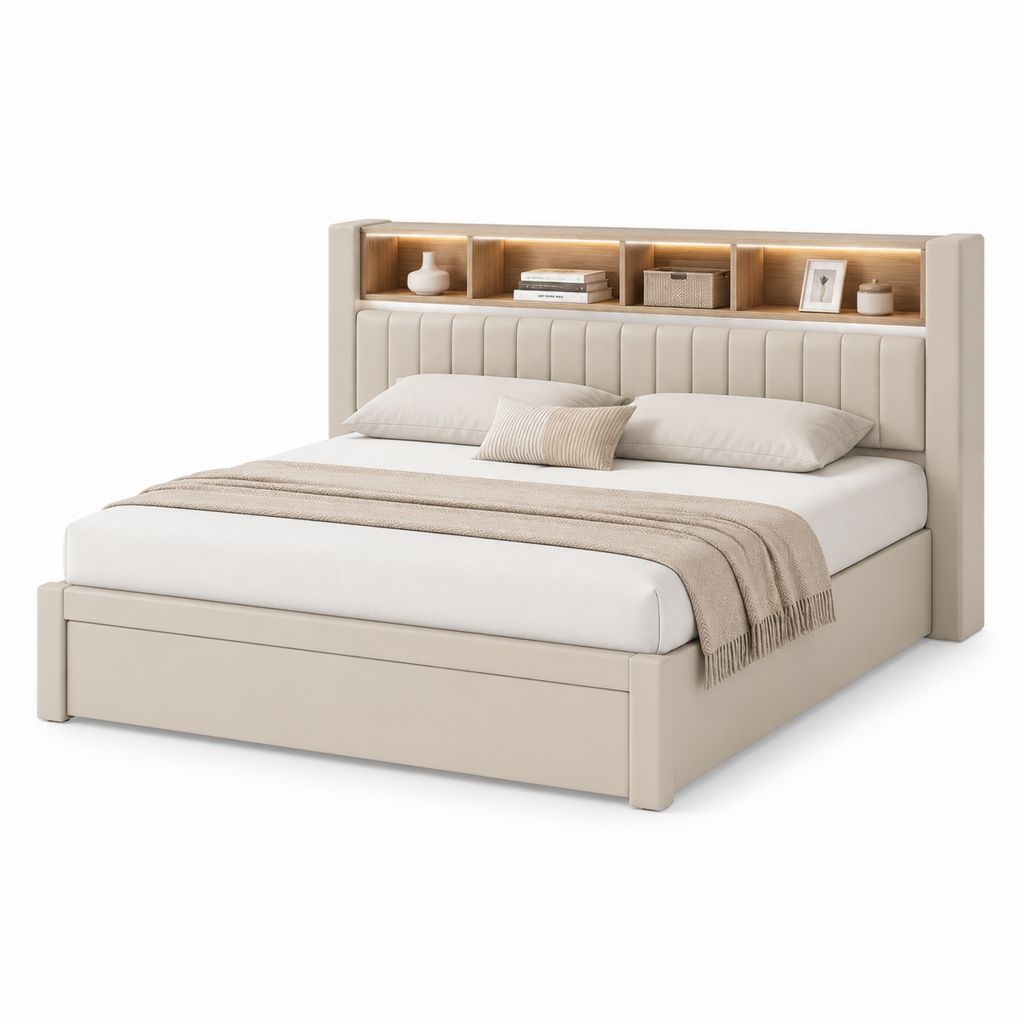 Letto matrimoniale beige in MDF e rivestimento PU rettangolare con testiera imbottita mensole LED 160 x 200 cm