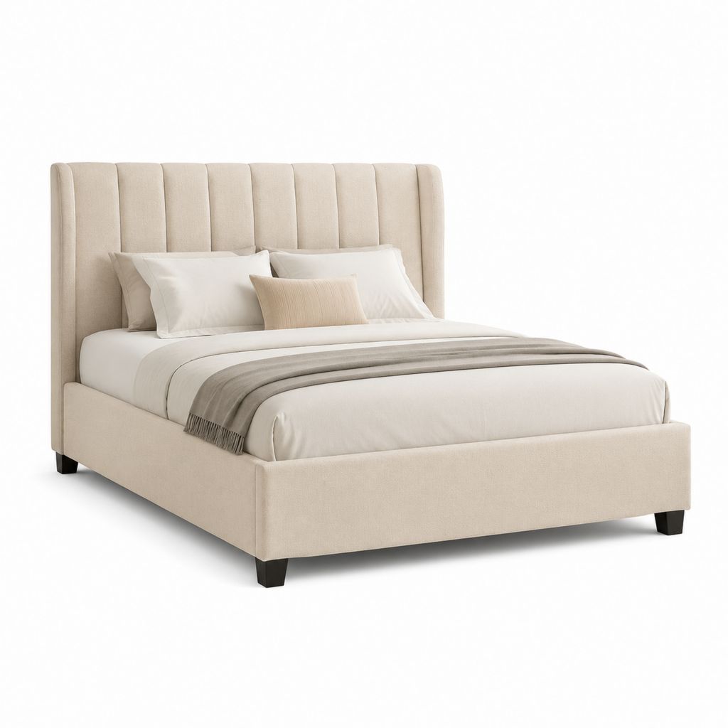 Letto matrimoniale imbottito beige in poliestere rettangolare con testiera a pannelli 175 x 215 x 130 cm