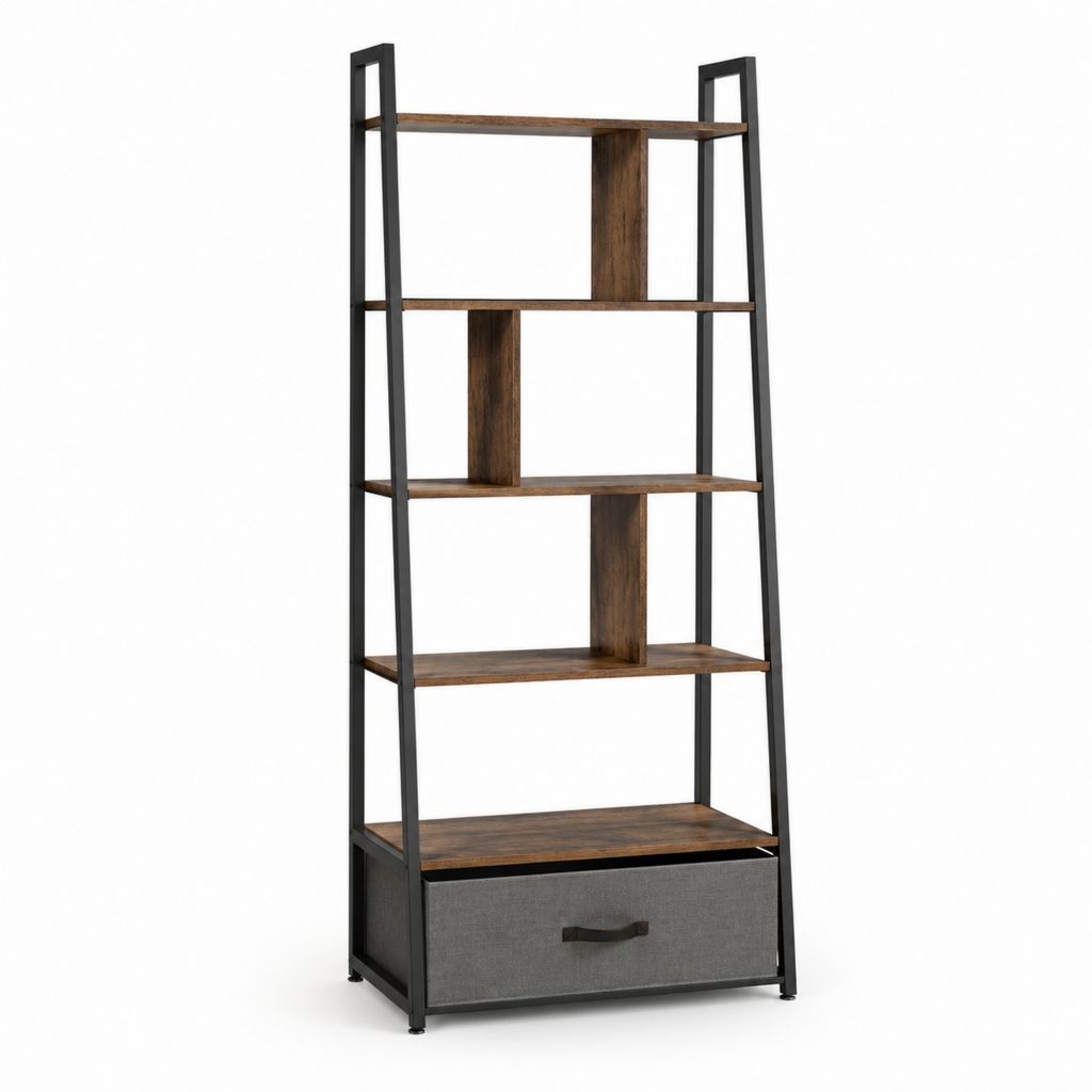 Libreria a scala con cassetto marrone nero in pannello truciolare e acciaio 60 x 30 x 180 cm