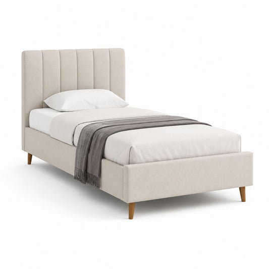 Letto singolo imbottito beige in tessuto poliestere con testiera verticale 90 x 190 cm