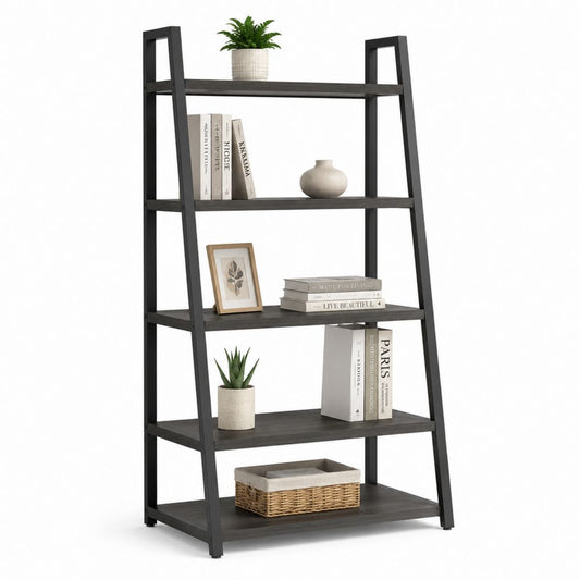 Libreria a scala autoportante 5 ripiani nero e grigio scuro in acciaio e pannelli MDF 80 x 35 x 180 cm