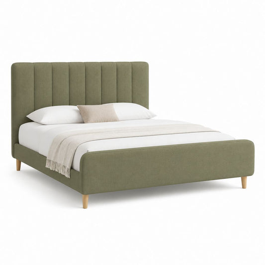 Letto matrimoniale imbottito verde oliva in poliestere con testiera a pannelli 160 x 200 cm