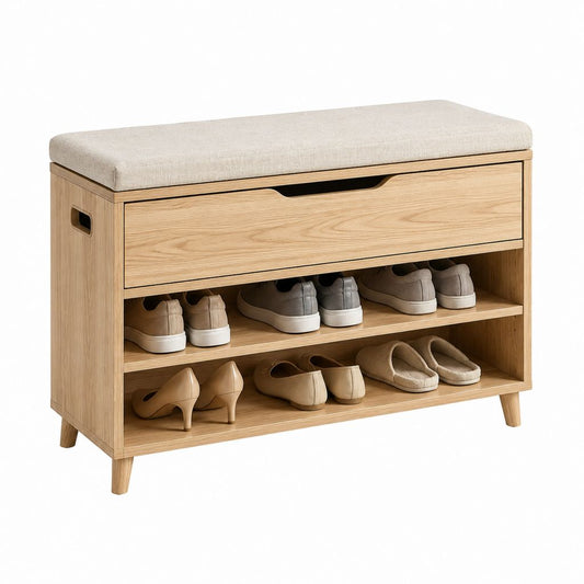 Panca scarpiera con cassetto rovere chiaro in MDF impiallacciato e seduta in poliestere 100 x 35 x 55 cm