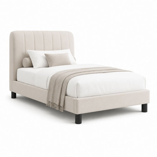 Letto matrimoniale imbottito beige in poliestere con testiera arrotondata 160 x 200 cm