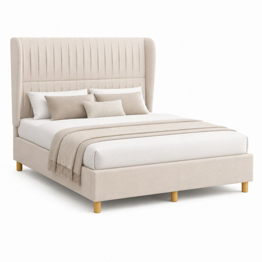 Letto matrimoniale imbottito beige in poliestere 160 x 200 cm con testiera alta