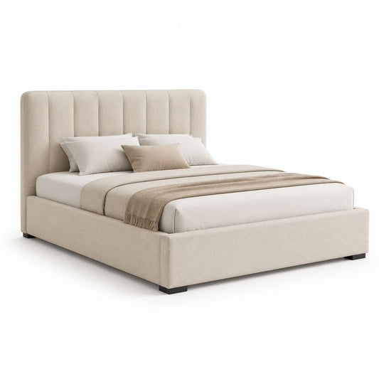 Letto matrimoniale imbottito beige in poliestere con testiera a pannelli verticali 160 x 200 cm