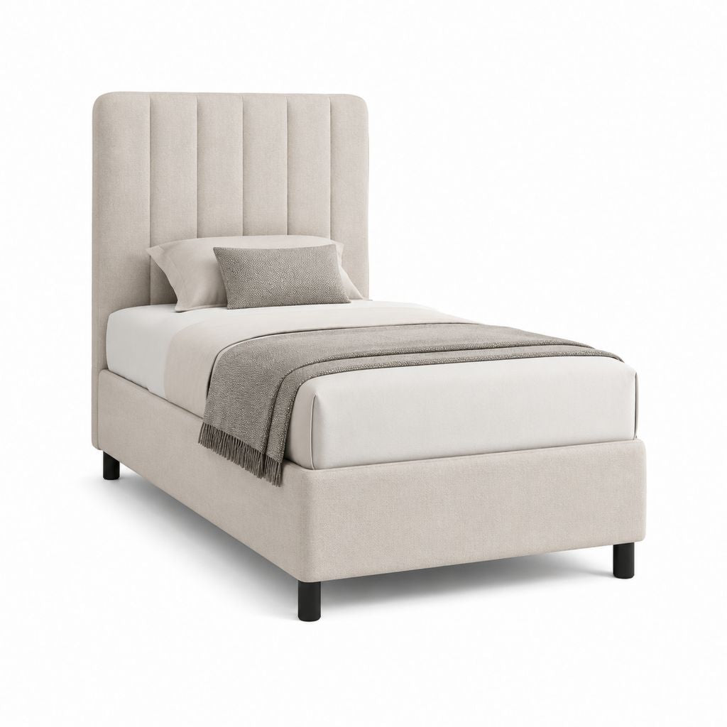 Letto singolo imbottito beige in poliestere con testiera alta a pannelli verticali 90 x 200 cm