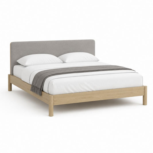 Letto matrimoniale rettangolare 160 x 200 cm in rovere massello con testiera imbottita grigia