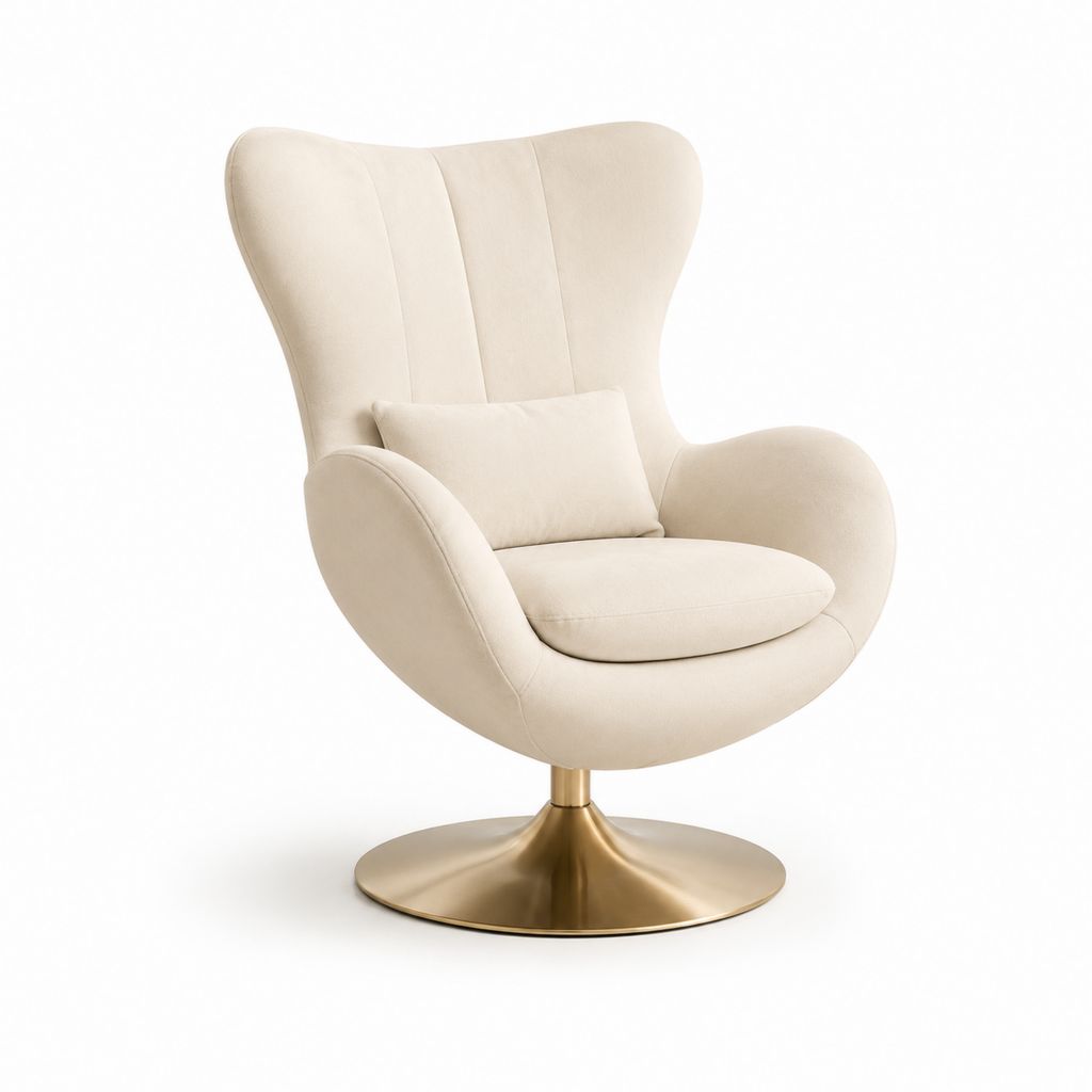 Poltrona girevole crema in velluto di poliestere con base rotonda in acciaio 85 x 85 x 110 cm