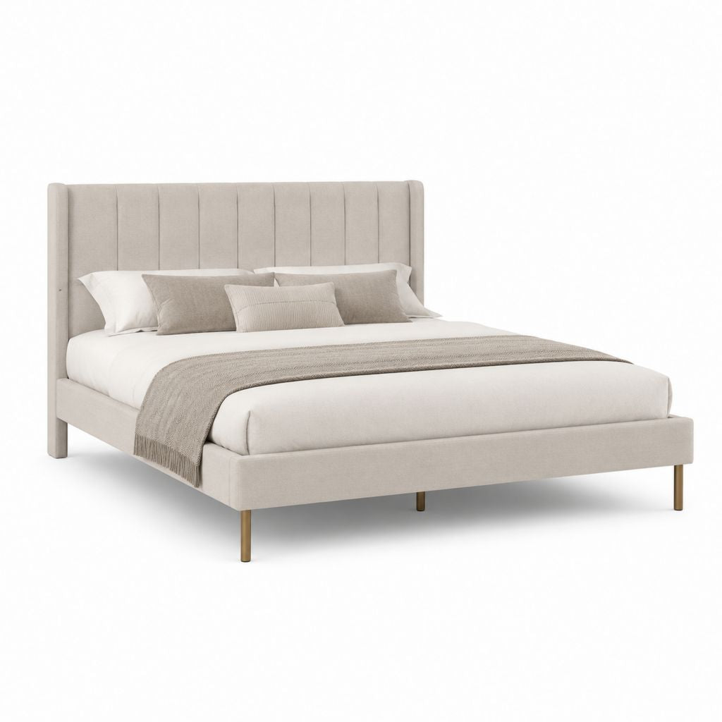 Letto matrimoniale imbottito beige in poliestere 160 x 200 cm con testiera alta