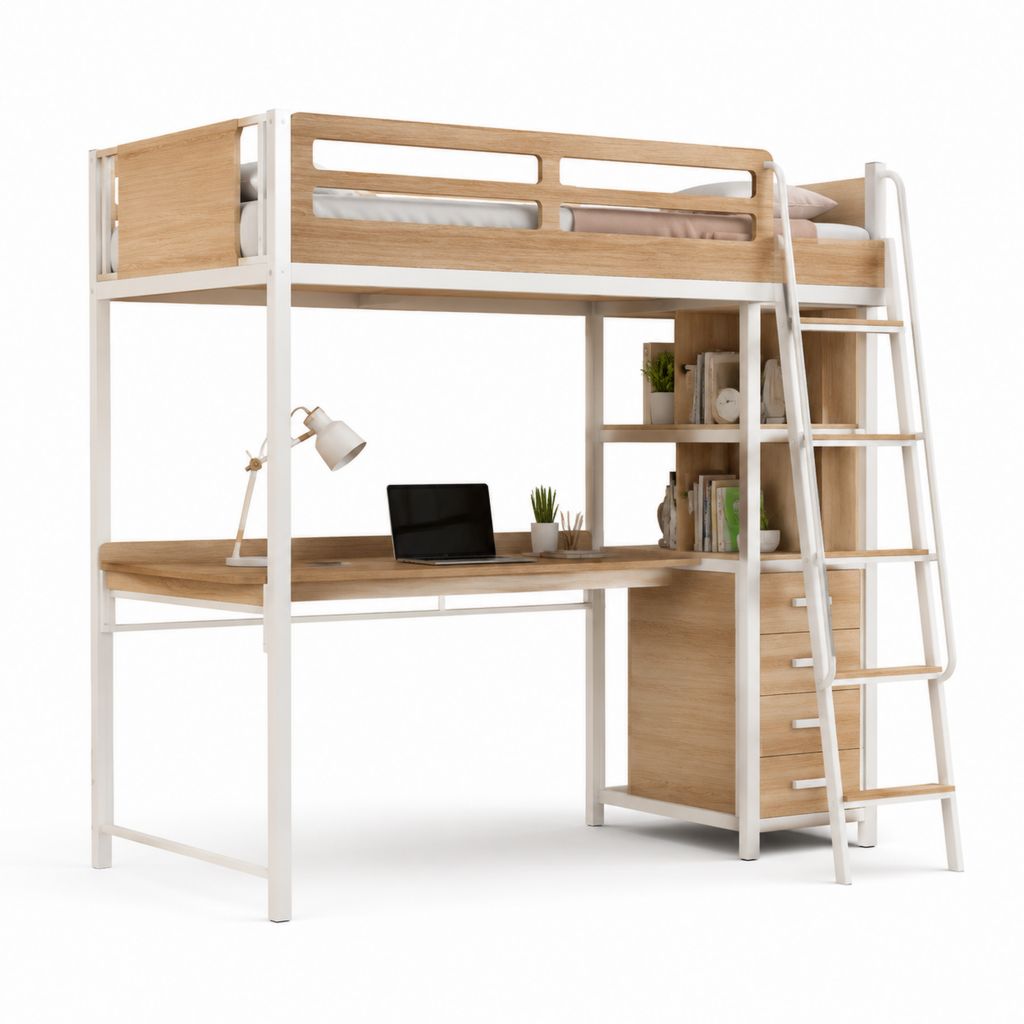 Letto a soppalco singolo con scrivania e libreria bianco rovere in acciaio e MDF rettangolare 205 x 105 x 180 cm