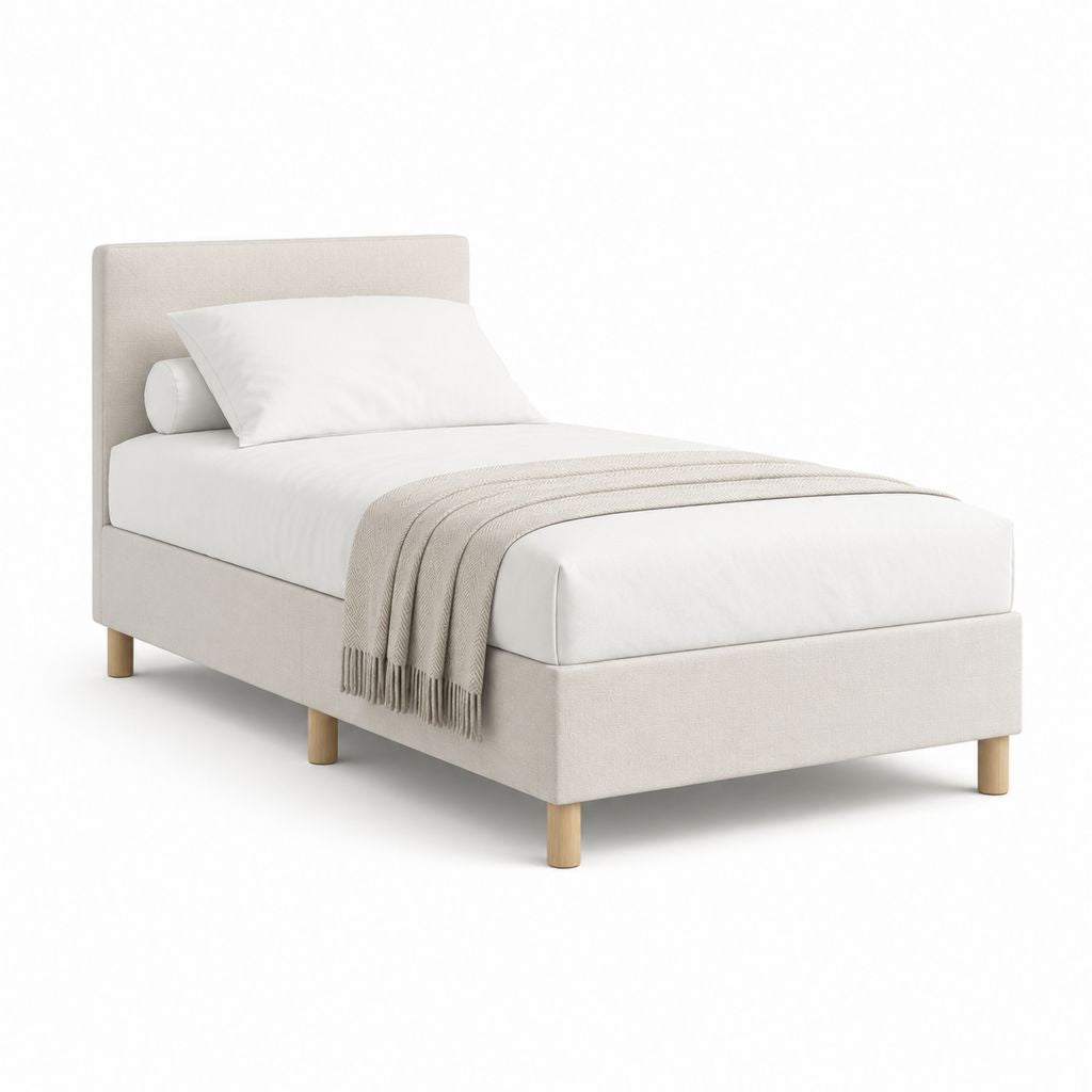 Letto singolo imbottito beige in poliestere con testiera rettangolare 90 x 200 cm