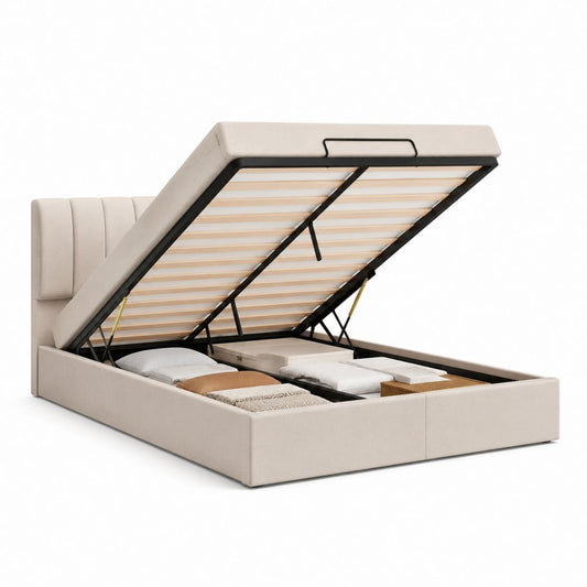 Letto contenitore matrimoniale beige in poliestere rettangolare 160 x 200 cm