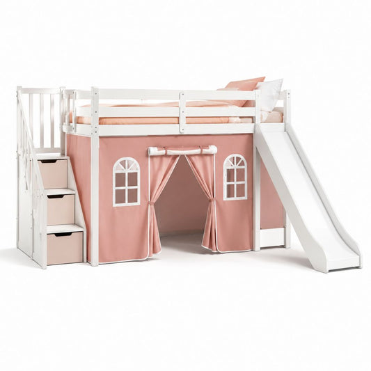 Letto a soppalco per bambini bianco e rosa in legno massello di pino 90 x 200 cm con scala cassetti scivolo e tenda