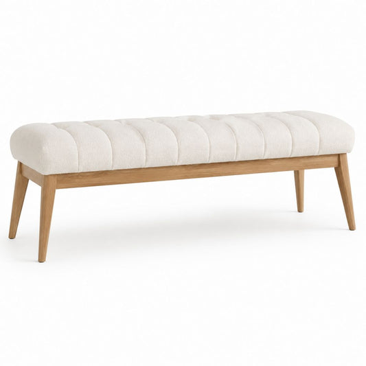 Panca fondoletto imbottita crema in poliestere bouclé con struttura in legno massello 120 x 40 x 45 cm